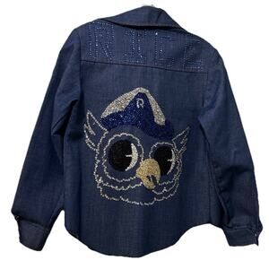 Rice University Houston Toughskins Denim Sequin Jacket Size 14 Owl Made In USA